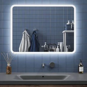 Espejo de baño HYDRA PLUS rectangular con canto arenado con luz LED frontal y ambiental