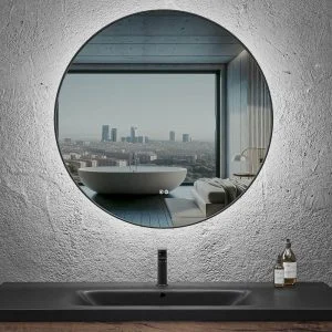 Espejo de baño LUNA redondo con canto aluminio NEGRO con luz LED ambiental