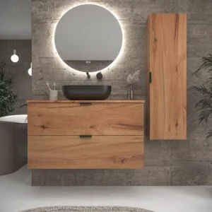 Mueble de baño suspendido 2 cajones ADAM  con tapa acabado MOHAVE - Lavabo porcelana sobre encimera HORUS negro