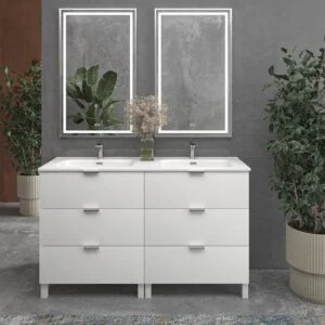 Mueble de baño con patas 6 cajones LUXOR BLANCO con encimera porcelana BLANCO