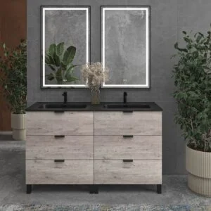 Mueble de baño con patas 6 cajones LUXOR HORMIGON  con encimera porcelana NEGRO