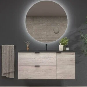 Mueble de baño suspendido 2 cajones / 1 puerta VITO ROBLE MOZART con lavabo porcelana NEGRO