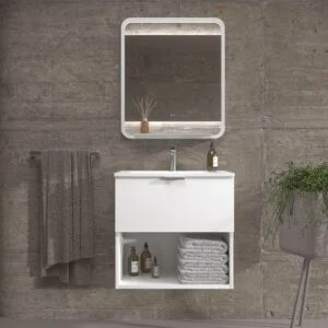 Mueble de baño suspendido 1 cajón- 1 hueco MIREIA  BLANCO  con lavabo porcelana BLANCO