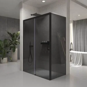 Mampara de ducha NOVUM rectangular 1 fijo - 1 puerta corredera + 1 fijo vidrio 6 mm.  Parsol gris ACERO INOXIDABLE Gun metal
