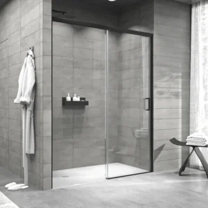 Mampara de ducha NOVUM frontal 1 fijo - 1 puerta corredera vidrio transparente 6 mm.  CUERO NEGRO