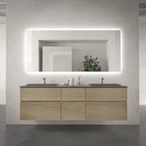 Mueble de baño suspendido DUNE 6 cajones ALCATRAZ con encimera SOLID SURFACE 2 senos acabado Topo Ral 7039