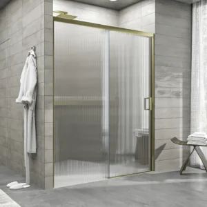 Mampara de ducha NOVUM frontal 1 fijo - 1 puerta corredera vidrio acanalado 6 mm.  ORO MATE