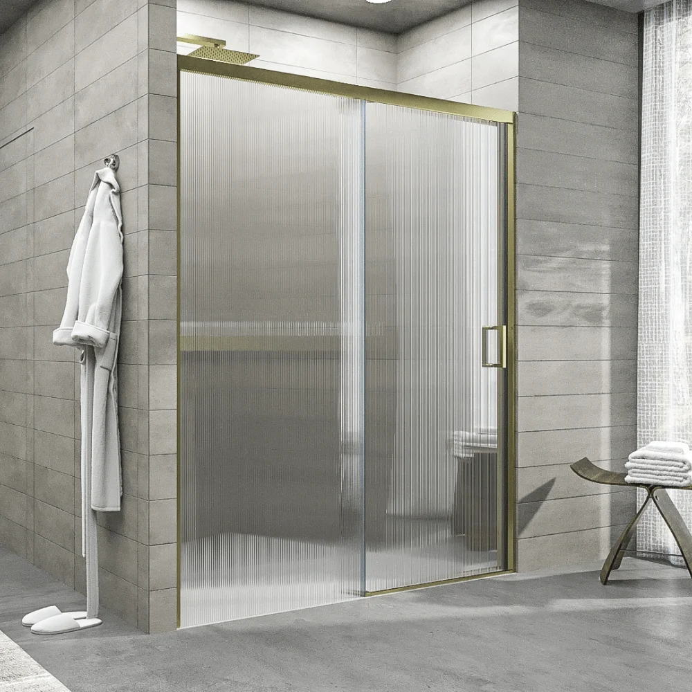 Mampara de ducha NOVUM frontal 1 fijo - 1 puerta corredera vidrio acanalado 6 mm. ORO MATE