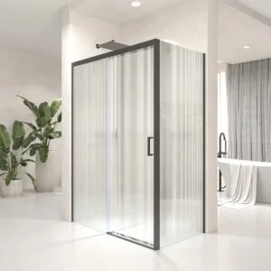 Mampara de ducha NOVUM rectangular 1 fijo - 1 puerta corredera + 1 fijo vidrio 6 mm.  vidrio acanalado ACERO INOXIDABLE Gun metal
