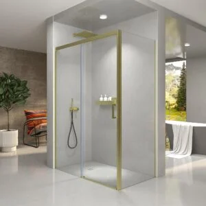 Mampara de ducha NOVUM rectangular 1 fijo - 1 puerta corredera + 1 fijo vidrio 6 mm.  transparente ACERO INOXIDABLE Oro mate