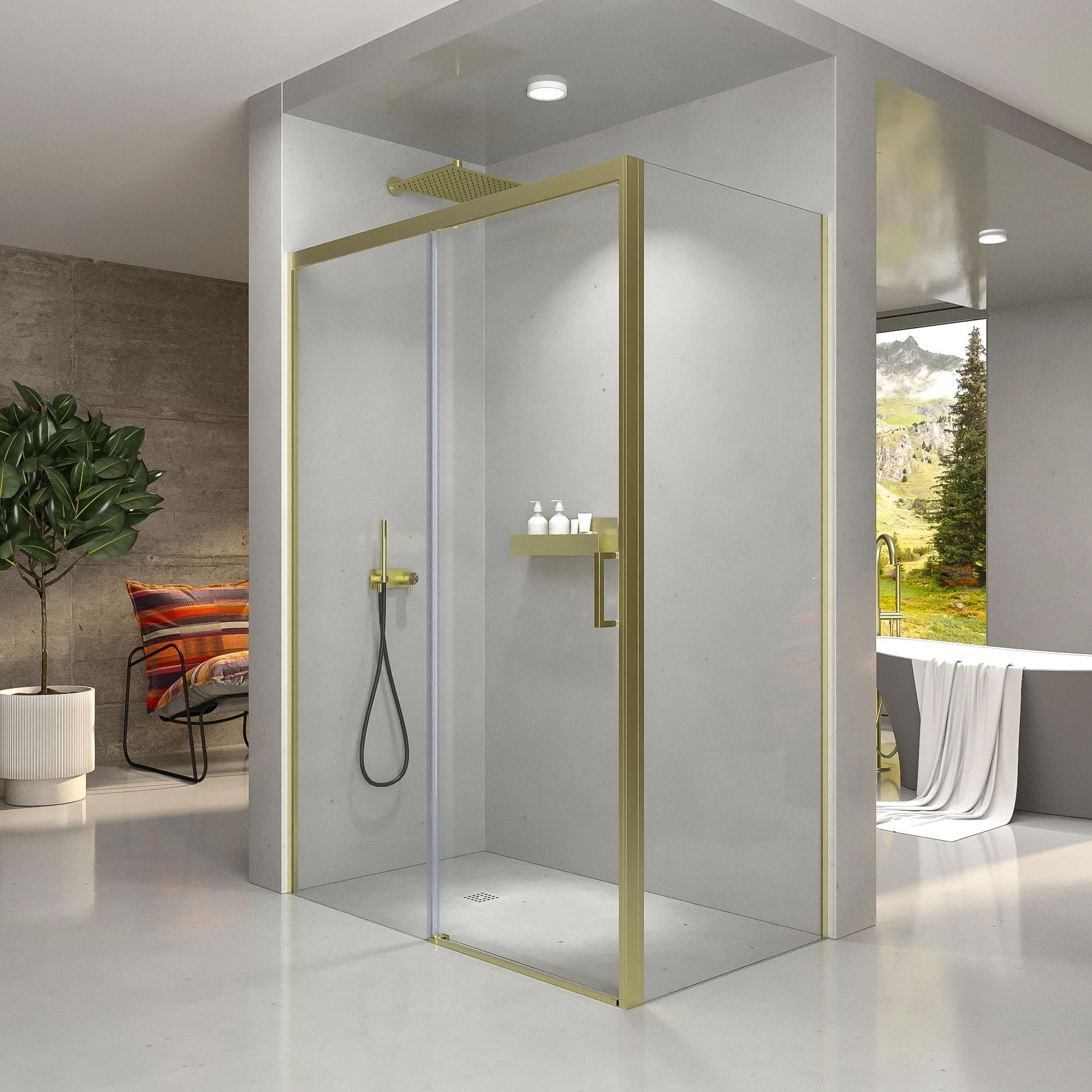 Mampara de ducha NOVUM rectangular 1 fijo - 1 puerta corredera + 1 fijo vidrio 6 mm. transparente ACERO INOXIDABLE Oro mate
