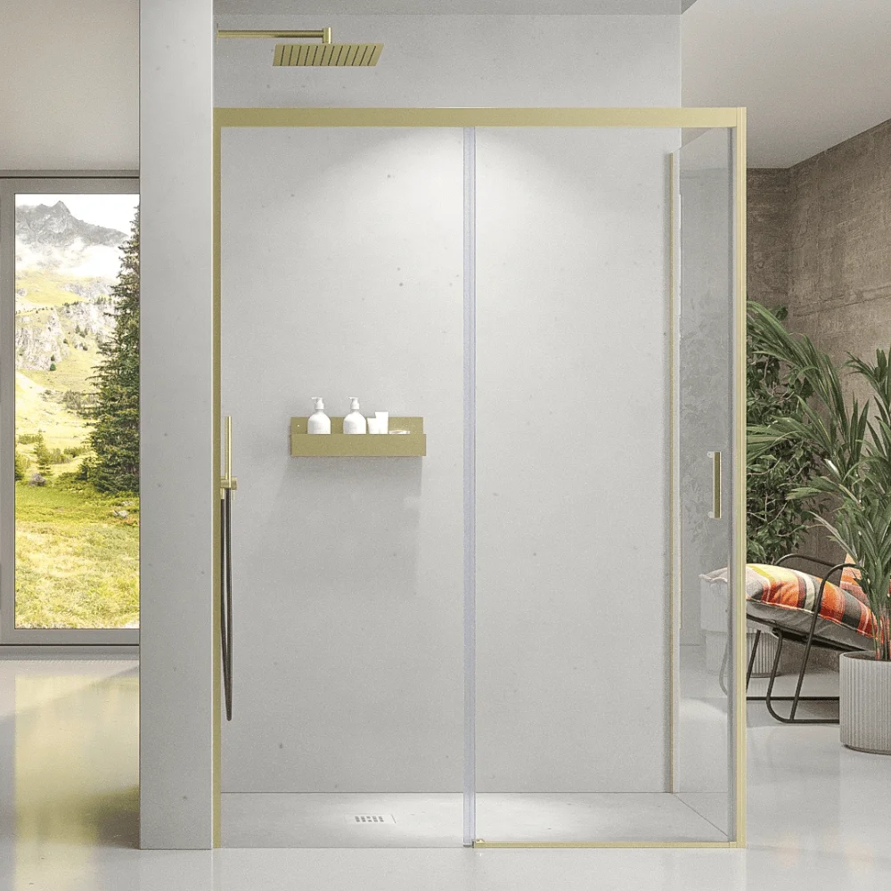 Mampara de ducha NOVUM rectangular 1 fijo - 1 puerta corredera + 1 fijo vidrio 6 mm. transparente ACERO INOXIDABLE Oro mate - Imagen 8