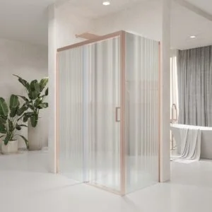 Mampara de ducha NOVUM rectangular 1 fijo - 1 puerta corredera + 1 fijo vidrio 6 mm.  vidrio acanalado ACERO INOXIDABLE Oro rosa
