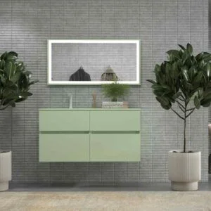 Mueble de baño DUNE suspendido 4 cajones con encimera SOLID SURFACE 2 senos Verde blanquecino
