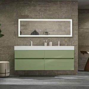 Mueble de baño DUNE suspendido 4 cajones con encimera SOLID SURFACE 2 senos Verde Pálido