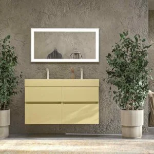 Mueble de baño DUNE suspendido 4 cajones con encimera SOLID SURFACE 2 senos Beige verdoso