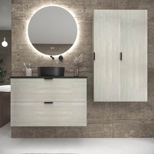 Mueble de baño suspendido 2 cajones ADAM  con tapa acabado POLAR - Lavabo porcelana sobre encimera OSIRIS negro