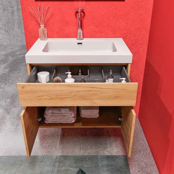 Mueble   de baño suspendido 2 puertas / 1 cajón carmen con lavabo resina acabado roble   claro