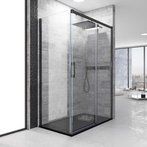 Mampara
  de ducha rectangular FLARE apertura frontal 1 fijo-1 puerta corredera+ 1 fijo
  . Sin perfil inferior. Con tratamiento anti-cal. Acabado NEGRO MATE