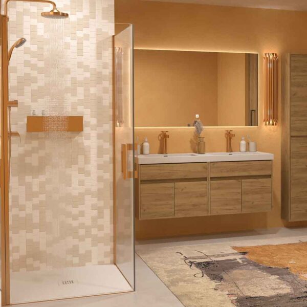 Mampara
  de ducha cuadrada OPEN 2 puertas abatibles fabricada a medida. COBRE MATE