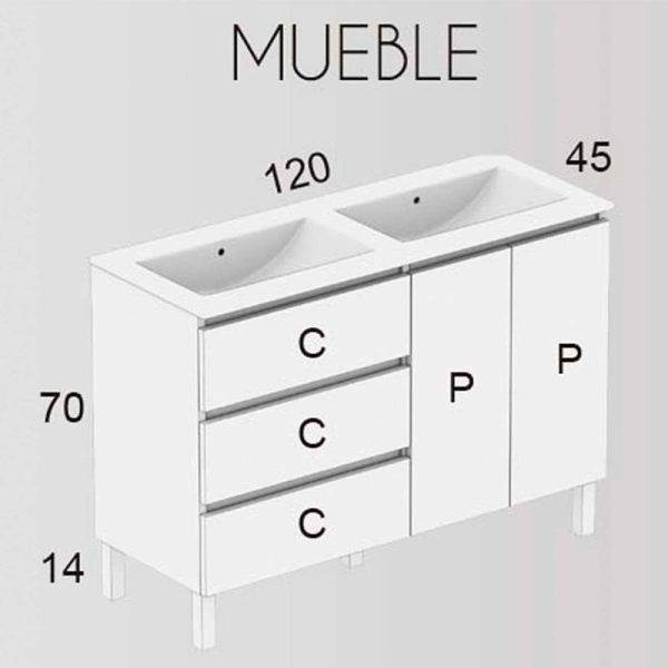 Mueble de baño manila a suelo 120 cm 3 cajones / 2 puertas con lavabo ceramico