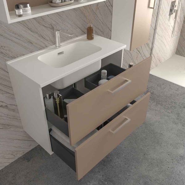 Mueble   de baño suspendido nexo 2 cajones fondo reducido 40 cm lacado mate con lavabo   porcelana moka