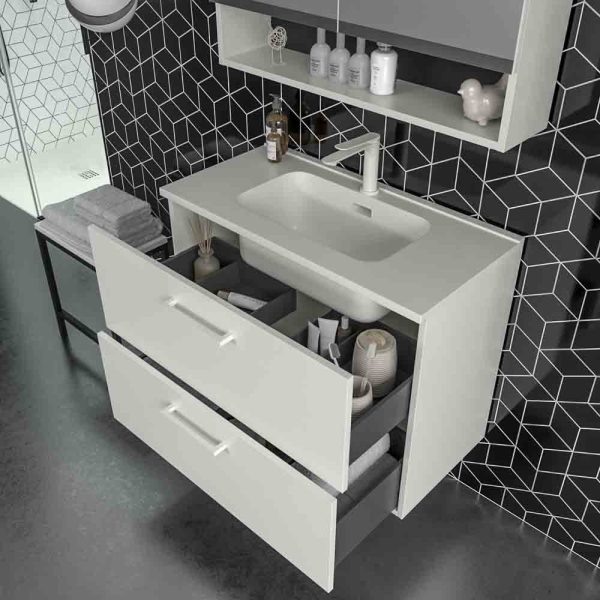 Mueble   de baño suspendido nexo 2 cajones fondo reducido 40 cm lacado mate con lavabo   porcelana blanco