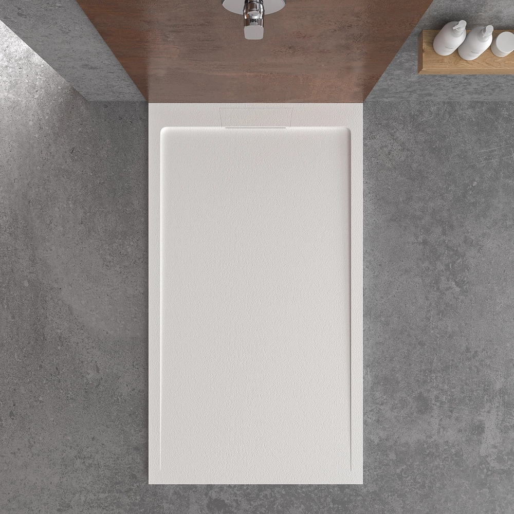 Plato ducha resina STYLE - color blanco RAL-9003 y otros - textura pizarra - antibacteriano y antideslizante. Rejilla oculta