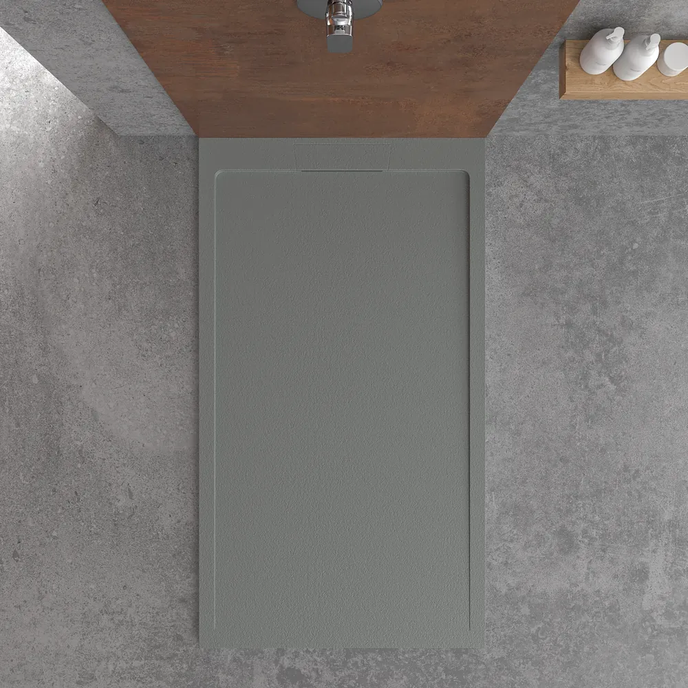Plato ducha resina STYLE - color gris cemento RAL-7005 y otros - textura pizarra - antibacteriano y antideslizante. Rejilla oculta