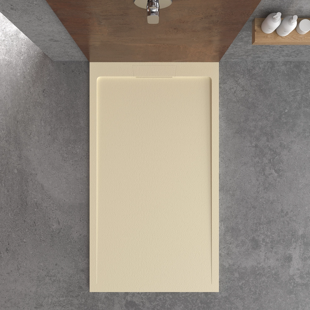 Plato ducha resina STYLE - color crema intenso RAL-1015 y otros - textura pizarra - antibacteriano y antideslizante. Rejilla oculta