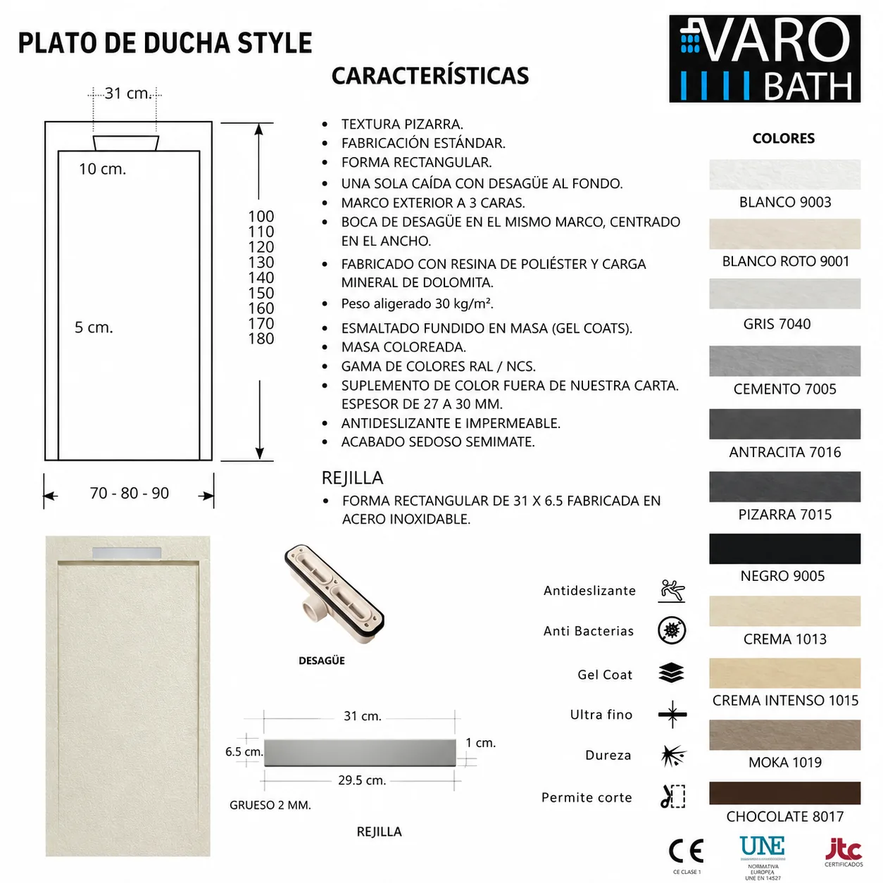 Plato ducha resina STYLE - color crema intenso RAL-1015 y otros - textura pizarra - antibacteriano y antideslizante. Rejilla oculta - Imagen 6