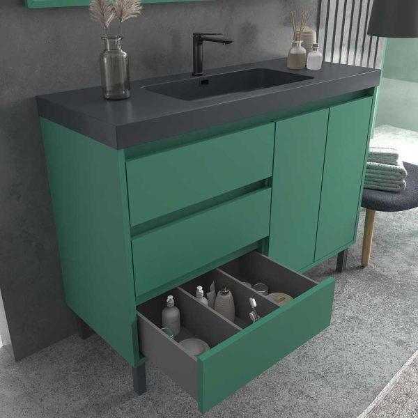 Mueble   de baño box a suelo 120 cm 3 cajones / 2 puertas con lavabo resina 6 cm. Verde patina