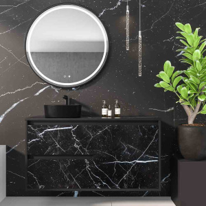 Mueble   de baño suspendido 2 cajones/ 2 puertas UNICO con lavabo OSIRIS Solid Surface   efecto marmól NEGRO MARQUINA