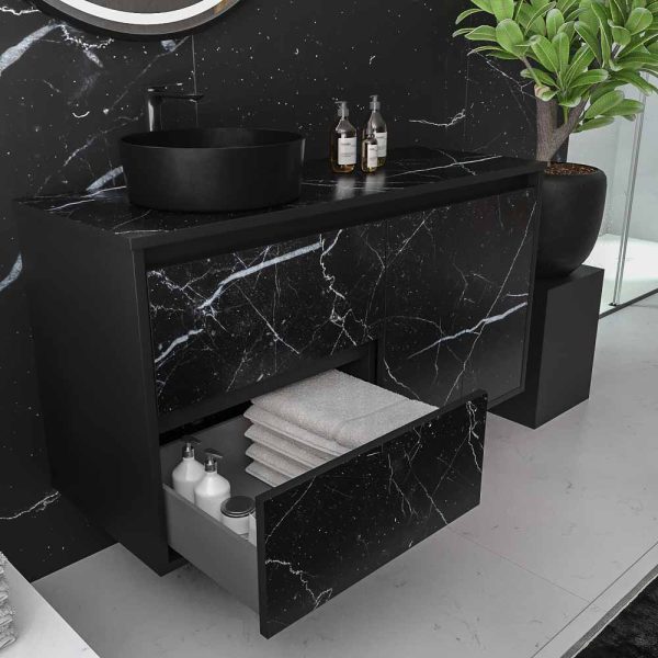 Mueble   de baño suspendido 2 cajones/ 2 puertas unico con lavabo osiris solid surface   efecto marmól negro marquina