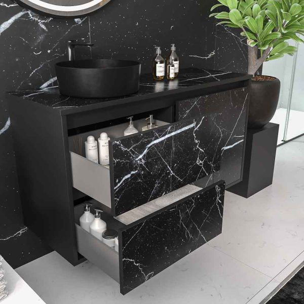 Mueble   de baño suspendido 2 cajones/ 2 puertas unico con lavabo osiris solid surface   efecto marmól negro marquina