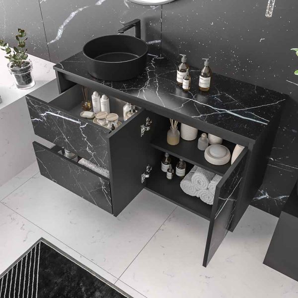 Mueble   de baño suspendido 2 cajones/ 2 puertas unico con lavabo osiris solid surface   efecto marmól negro marquina