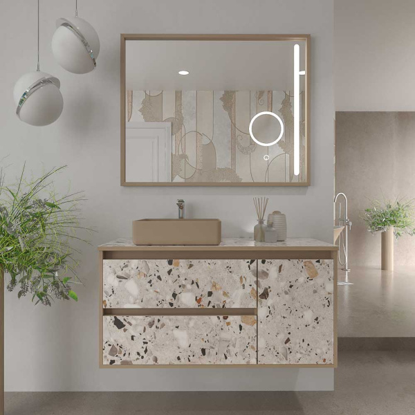 Mueble   de baño suspendido 2 cajones/ 1 puerta unico efecto terrazo con lavabo satet   solid surface