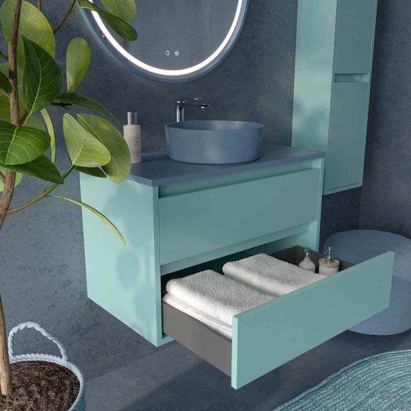 Mueble   de baño suspendido 2 cajones claire con lavabo solid surface turquesa pastel