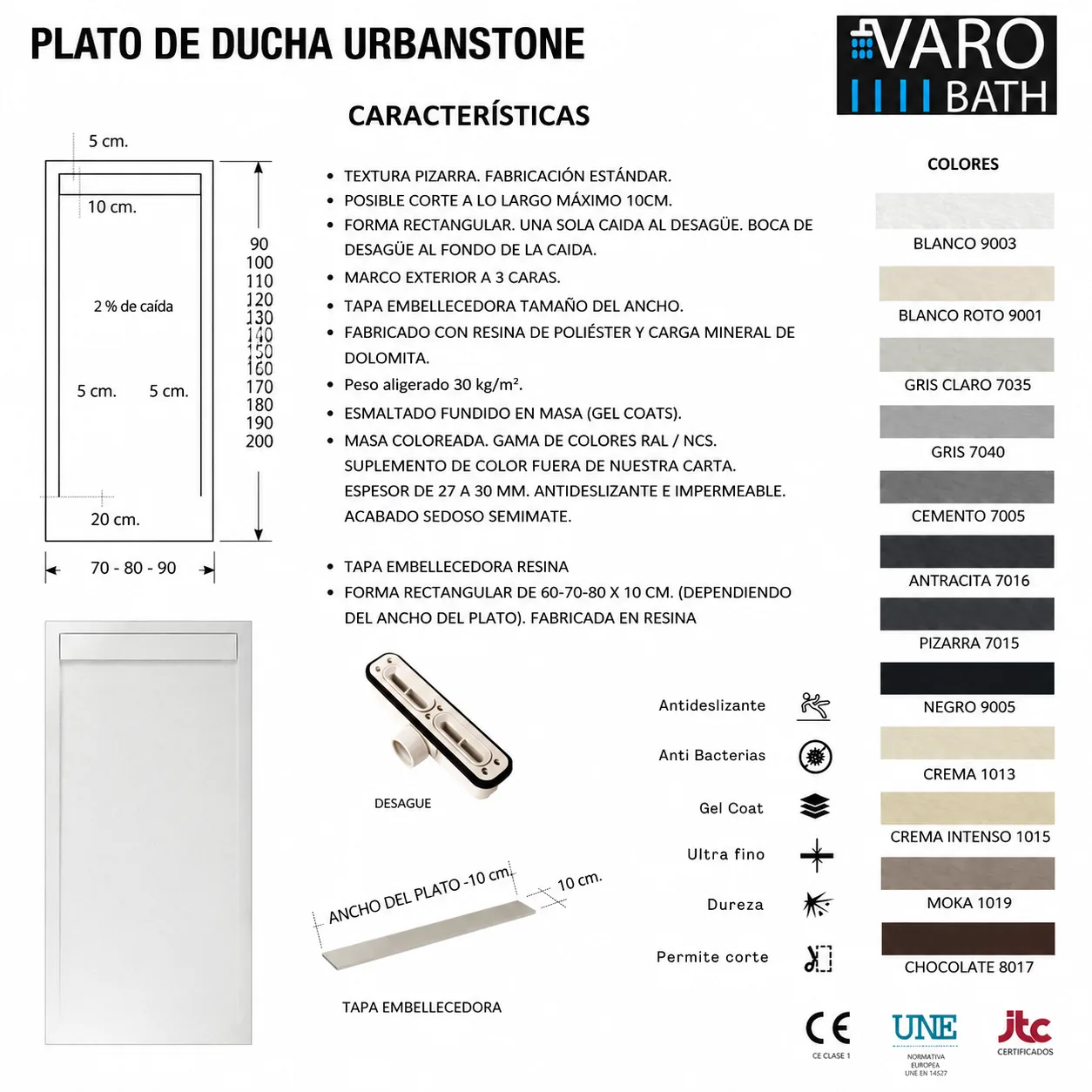 Plato ducha de resina enmarcado URBANSTONE Blanco RAL 9003 textura pizarra antibacteriano y antideslizante. Colores a elegir. Rejilla oculta - Imagen 5