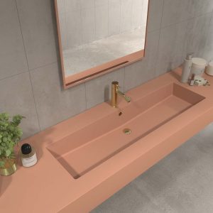 Lavabo  FIONA 160 cm solid surface con agujero 2 grifos blanco desagüe como modelo Totem -  Mueble 2 cajones 160 cm con tapa quebec natural - Encimera Quebec natural de 121cm largo x10 cm altura + tratamiento hidrófugo con agujero ladeado, derecha para centrar lavabo de 41 cm.