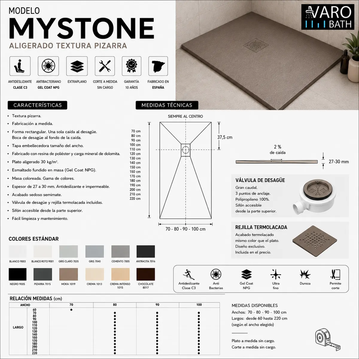 Plato ducha resina MYSTONE Marfil RAL 1015 y otros colores exclusivos textura pizarra antibacteriano y antideslizante - Imagen 4