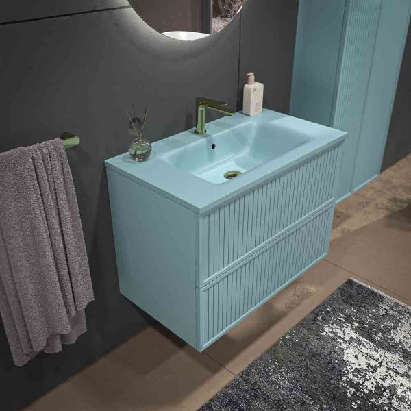 Mueble de baño suspendido 2 cajones BUDGET  con lavabo Solid Surface AZUL TURQUESA - Imagen 6