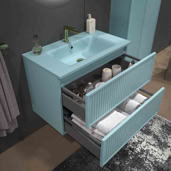 Mueble de baño suspendido 2 cajones BUDGET  con lavabo Solid Surface AZUL TURQUESA - Imagen 7