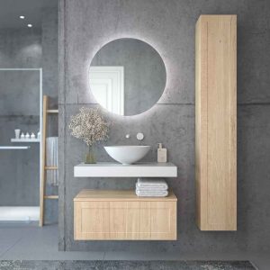 Mueble de baño suspendido 1 cajón budget  con tapa y lavabo bol solid surface roble claro