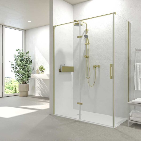 Mampara de ducha rectangular SILEX 2 fijos - 1 puerta abatible a medida ORO MATE