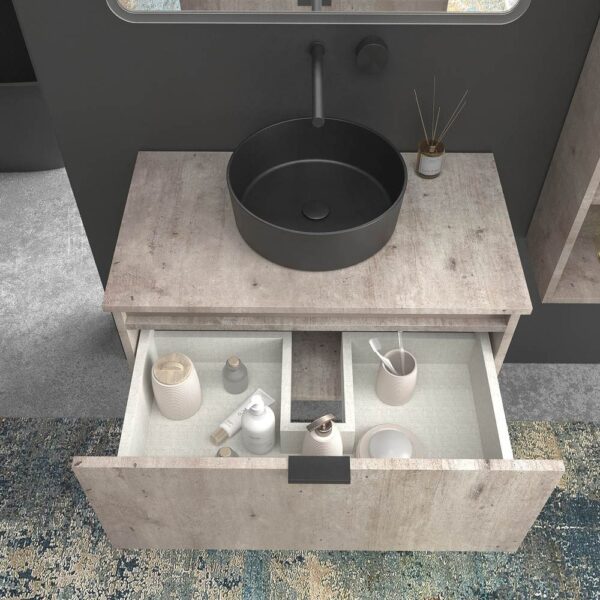 Mueble de baño suspendido 1 cajón SKIN HORMIGON  con lavabo porcelana OSIRIS NEGRO - Imagen 2