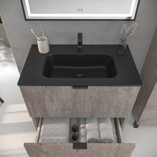 Mueble de baño con patas 2 cajones LUCE HORMIGON con lavabo porcelana NEGRO - Imagen 3