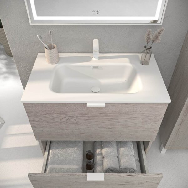 Mueble de baño con patas 2 cajones LUCE ROBLE MOZART con lavabo porcelana BLANCO - Imagen 2