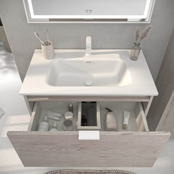 Mueble de baño con patas 2 cajones LUCE ROBLE MOZART con lavabo porcelana BLANCO - Imagen 5