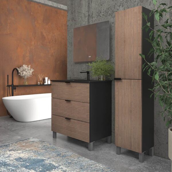 Mueble de baño con patas 3 cajones LUXOR bicolor BASTILLA/NEGRO  con encimera porcelana NEGRO - Imagen 6